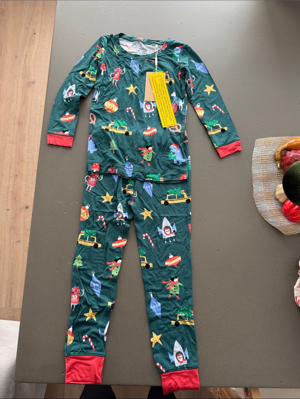 Angel Dear Green Holiday Pajama Set with Red Cuffs